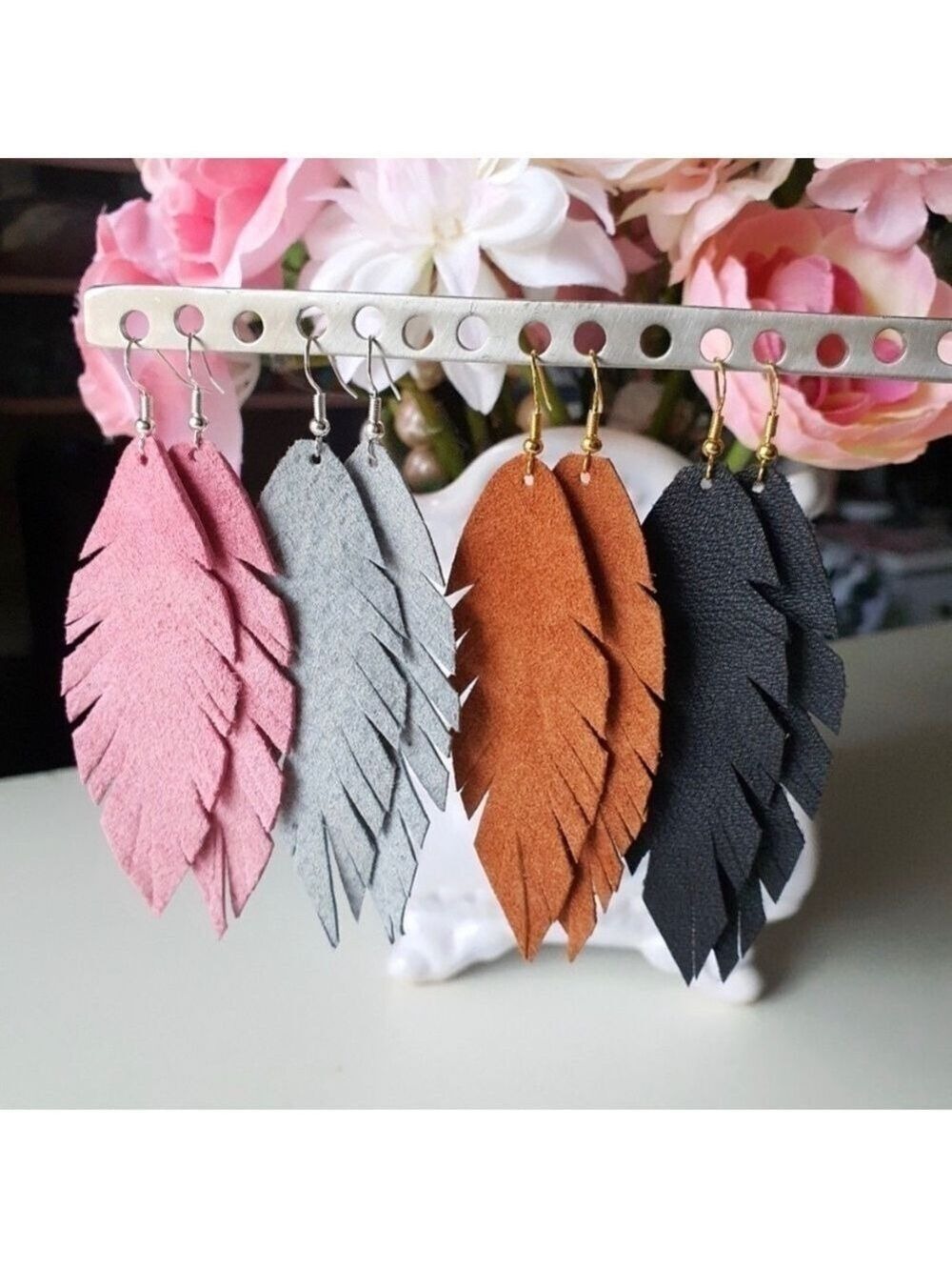 Handmade suede leather boho earrings fall winter bohemian artisan feather 2 pair - Picture 5 of 5